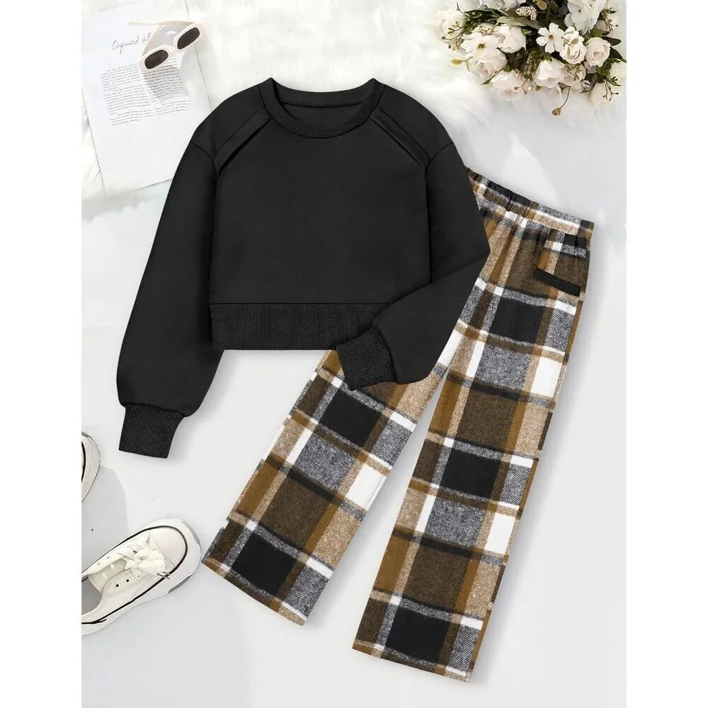 Girl Clothes, 2 Piece Girls Outfits Solid Crop Tops Plaid Wide Leg Pants with Po